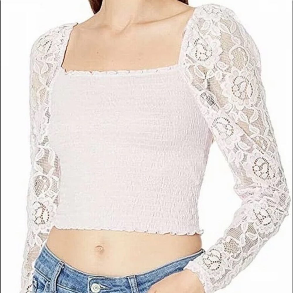 Guess Women's Top Pink Size Medium M Cropped Nila Lace-Sleeve Smocked $69
